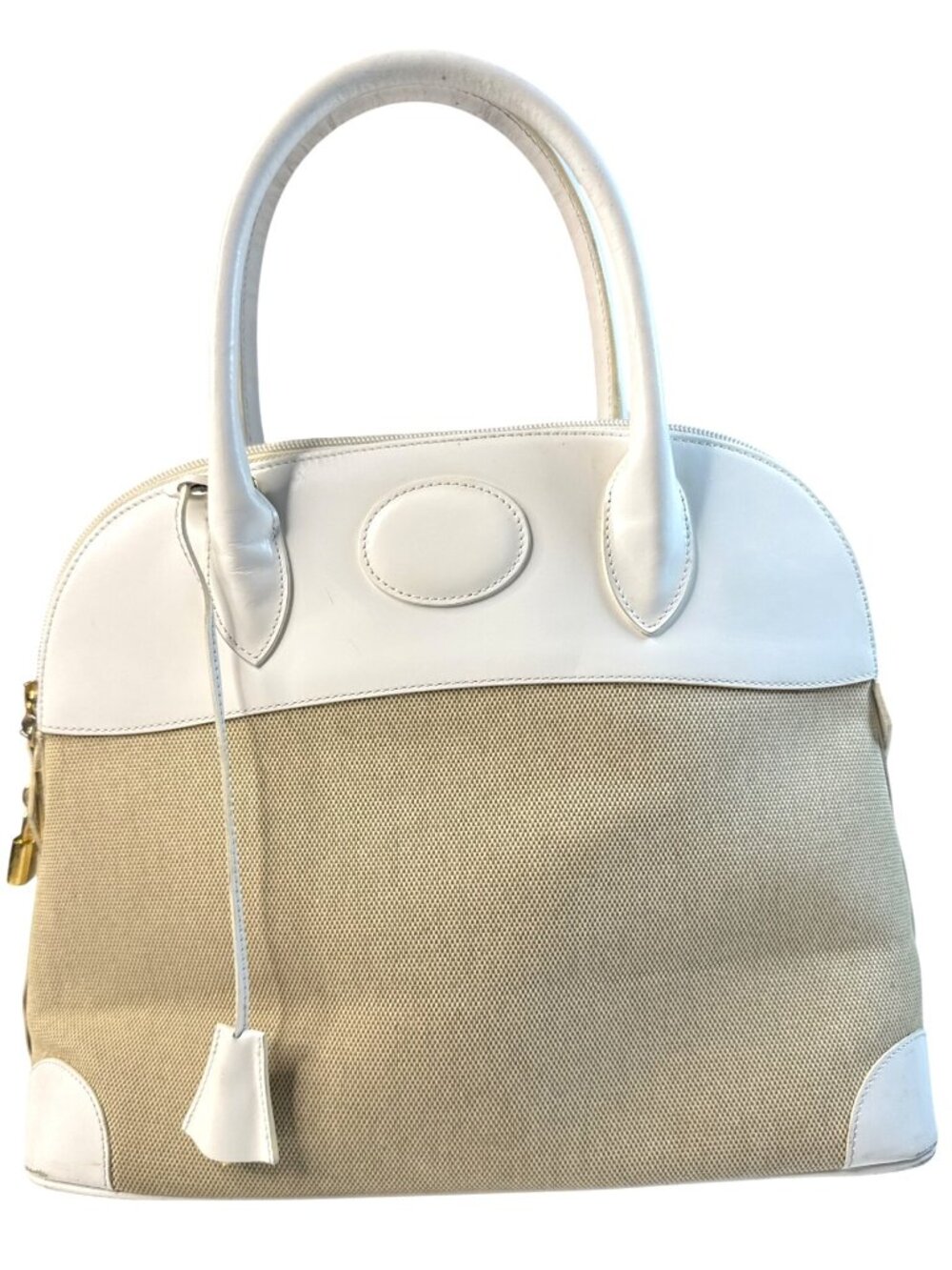 Vintage Siso Beige/White Leather Trim Canvas Handbag Made In Italy W/Lock & Key
